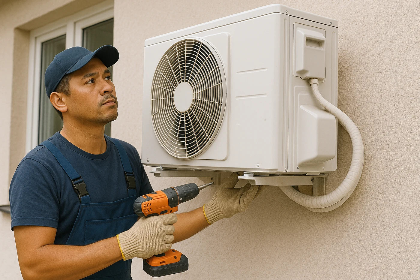 Technician installing an outdoor air conditioning unit