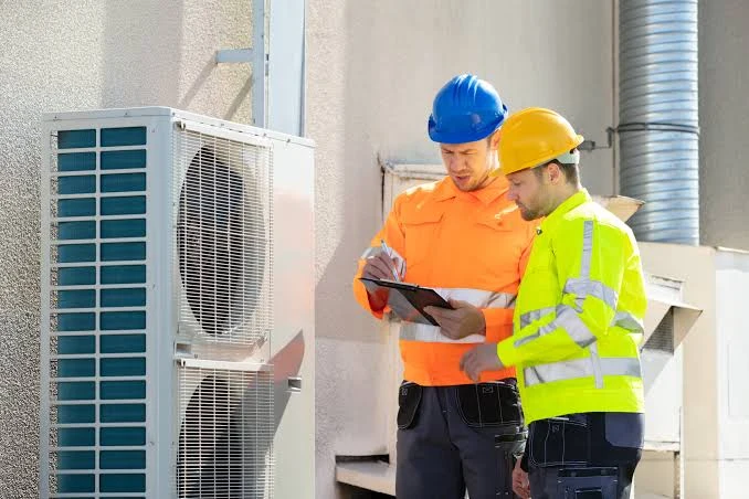 HVAC technicians reviewing system service notes beside outdoor equipment
